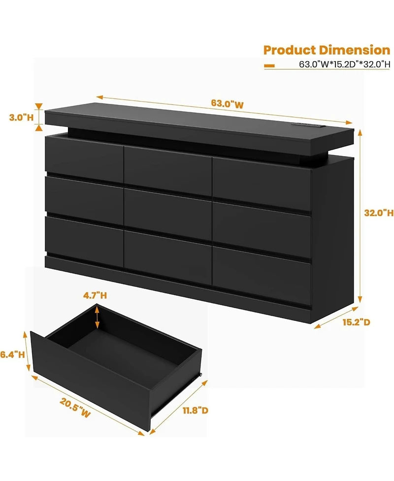 homfan 9 Drawer Dresser for Bedroom, 63" Wide Chest with Led Light and Charging Station, Tv Stand Multi-Functional Organizer for Living Room