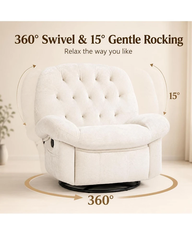 homfan 360 Degree Swivel Rocking Recliner Chair, Chenille Upholstered Lounge Chair with Retractable Footrest and Side Storage Pockets for Living Room
