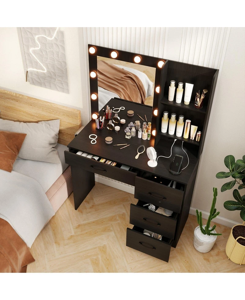Sugift Vanity Desk with 3-Color Lighted Mirror Power Outlets and 4 Drawers