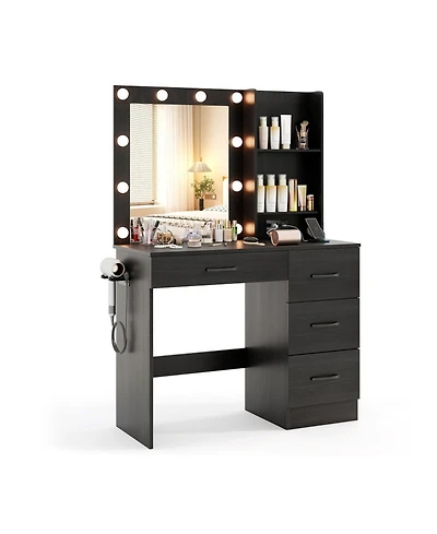 Sugift Vanity Desk with 3-Color Lighted Mirror Power Outlets and 4 Drawers