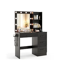 Sugift Vanity Desk with 3-Color Lighted Mirror Power Outlets and 4 Drawers