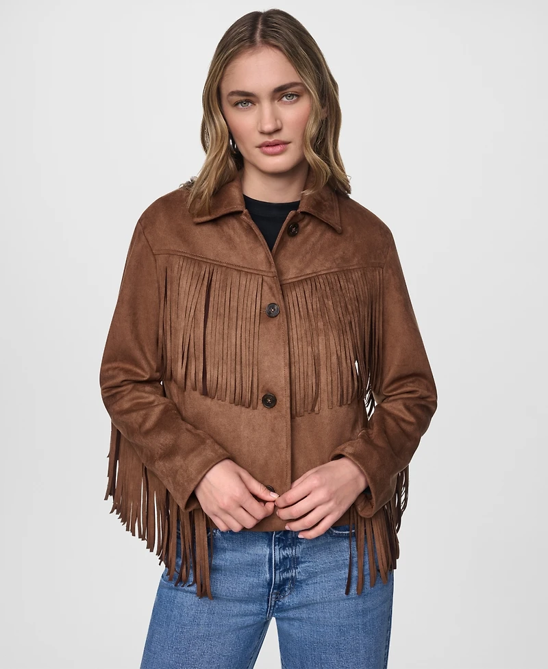 Dkny Jeans Women's Fringe Detail Collared Button-Front Jacket