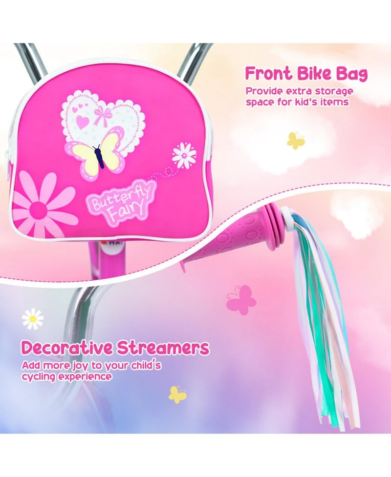 Hongge 18 in Girls Bike with Front Storage Bag and Removable Training Wheels Ages 4-8