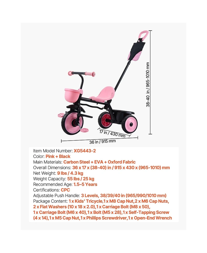 Hongge Toddler Tricycle and Stroller Combo with Parent Push Handle and Adjustable Seat Ages 18 Months to 5 Years