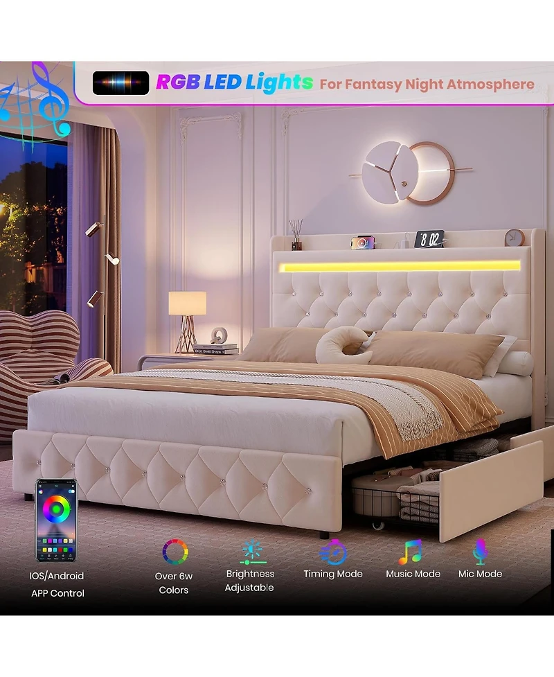 Gaomon Full Size Velvet Led Platform Bed with Storage Headboard
