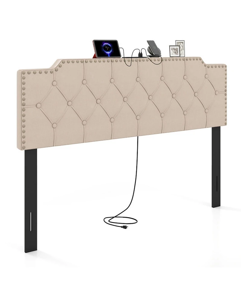 Sugift Rivet Tufted Upholstered Headboard for Full and Queen Bed with Charging Ports