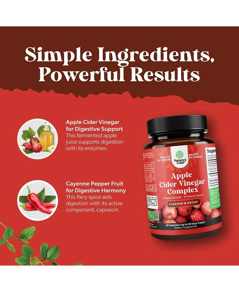 Nature's Craft Apple Cider Vinegar Capsules - Acv Supplement for Gut and Digestive Health with Cayenne - Extra Strength Acv Capsules
