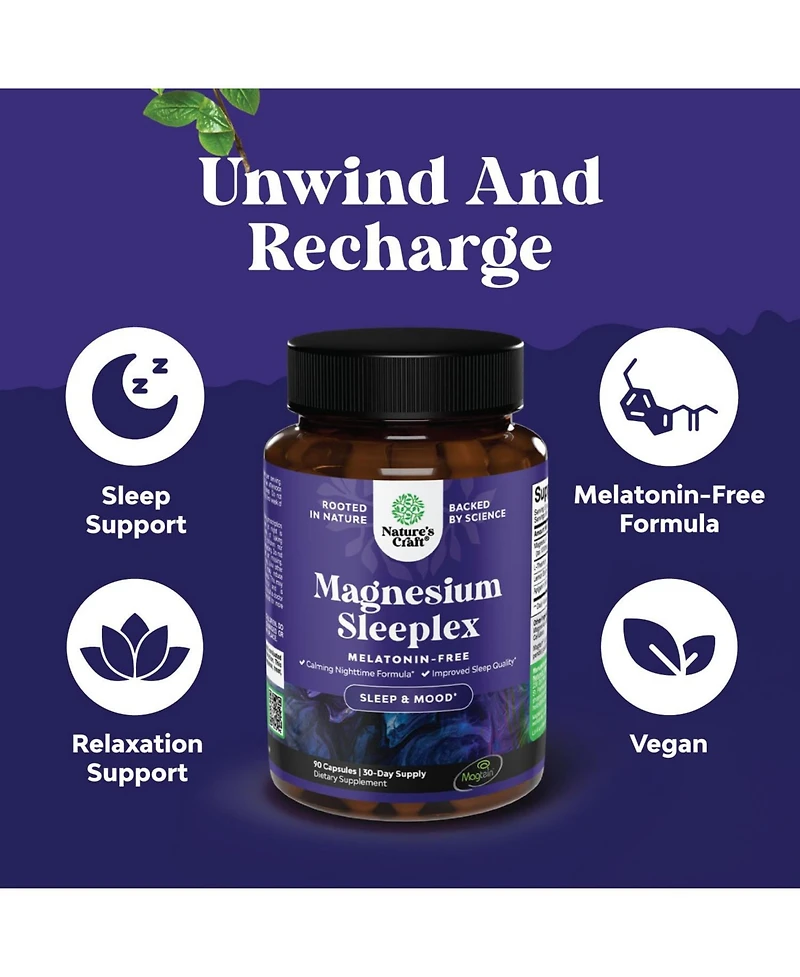 Nature's Craft Magnesium Sleep Support with Magtein Magnesium L-Threonate, Apigenin & L-Theanine for restful sleep. 90 capsules.