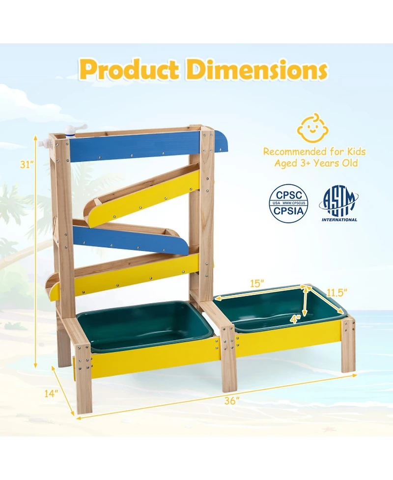 Hongge 3-in-1 Toddler Splinter-Free Fir Wood Dual-Basin Sand and Water Table, Ages 3+