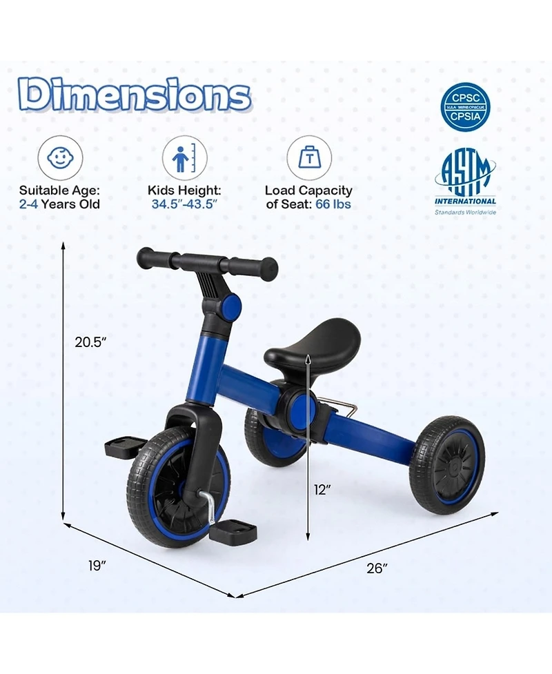 Hongge 5-in-1 Toddler Balance Bike with Removable Pedals and Adjustable Handlebar, 66 lb. Capacity, Ages 2-4