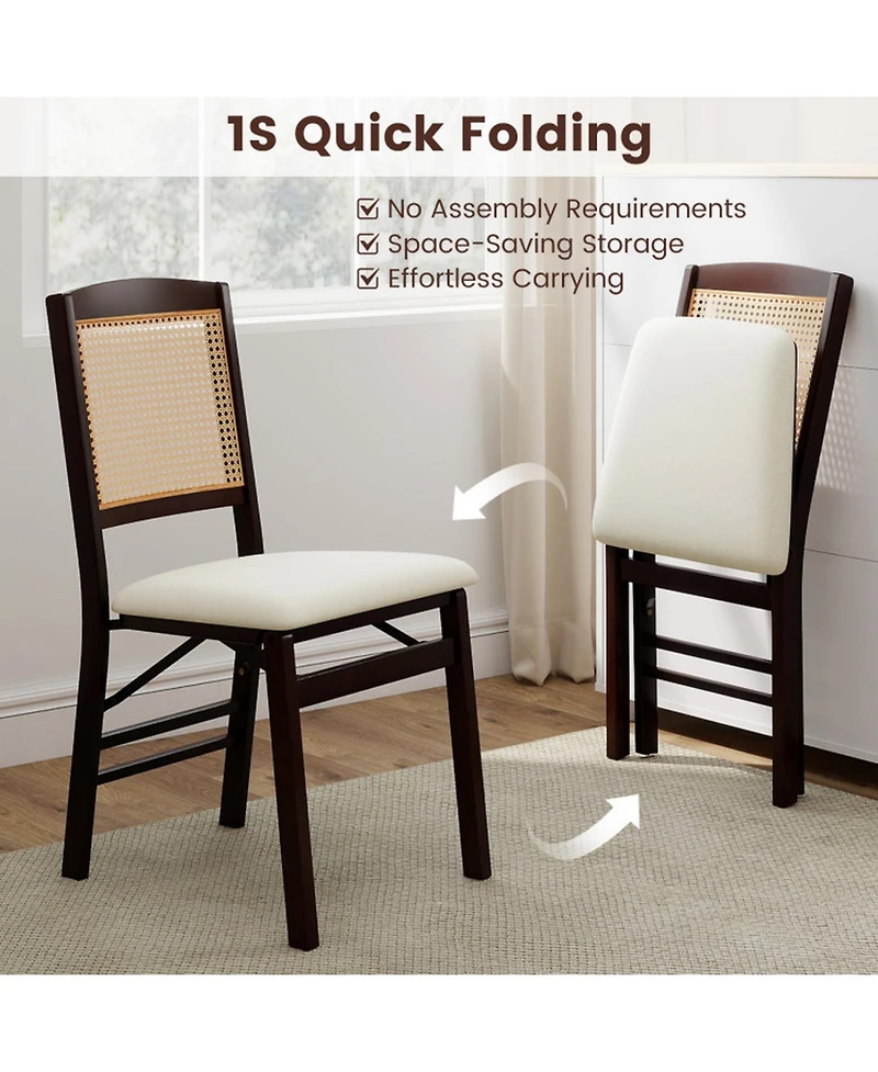Sugift Folding Rubber Wood Dining Chairs Set of 4 with Rattan Backrest