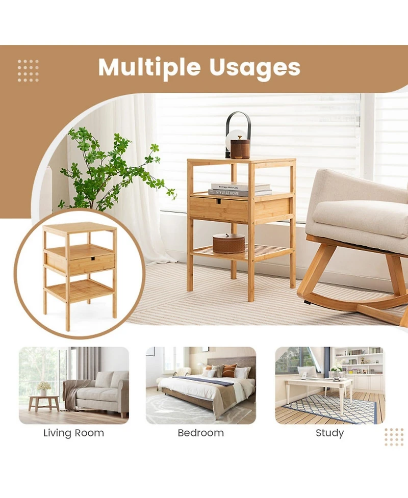 Sugift Bamboo Nightstand with Slatted Open Shelves and Storage Drawer