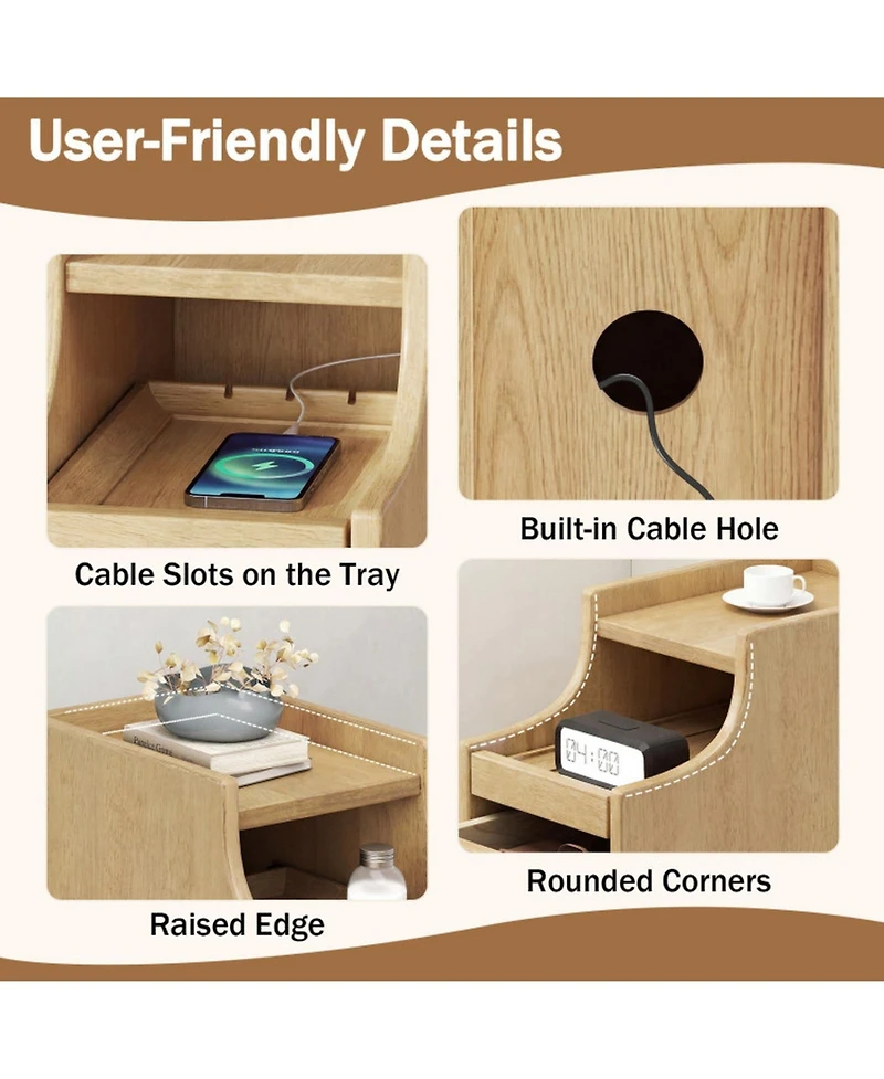 Sugift Solid Wood Narrow Nightstand with Pull-Out Tray and 2 Storage Drawers