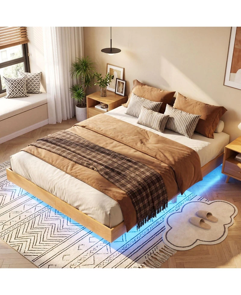 Sugift Floating Platform Bed Frame with Rgb Led Lights and Wood Slats
