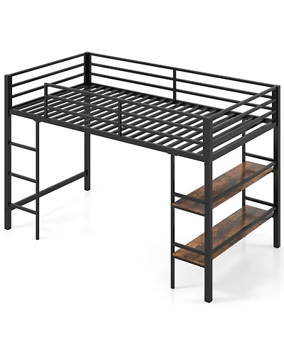 Sugift Low Loft Bed with Ladder and Storage Shelves Metal Frame