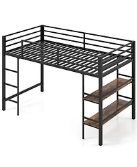 Sugift Low Loft Bed with Ladder and Storage Shelves Metal Frame