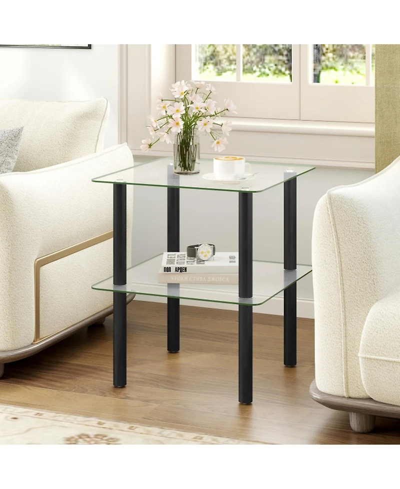 Sugift 2-Tier Square End Table with Tempered Glass Top and Rubber Wood Legs