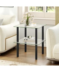 Sugift 2-Tier Square End Table with Tempered Glass Top and Rubber Wood Legs