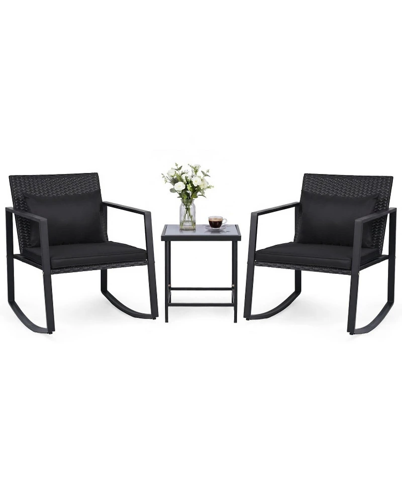Sugift 3-Piece Outdoor Rocking Bistro Set with Cushions and Tempered Glass Table