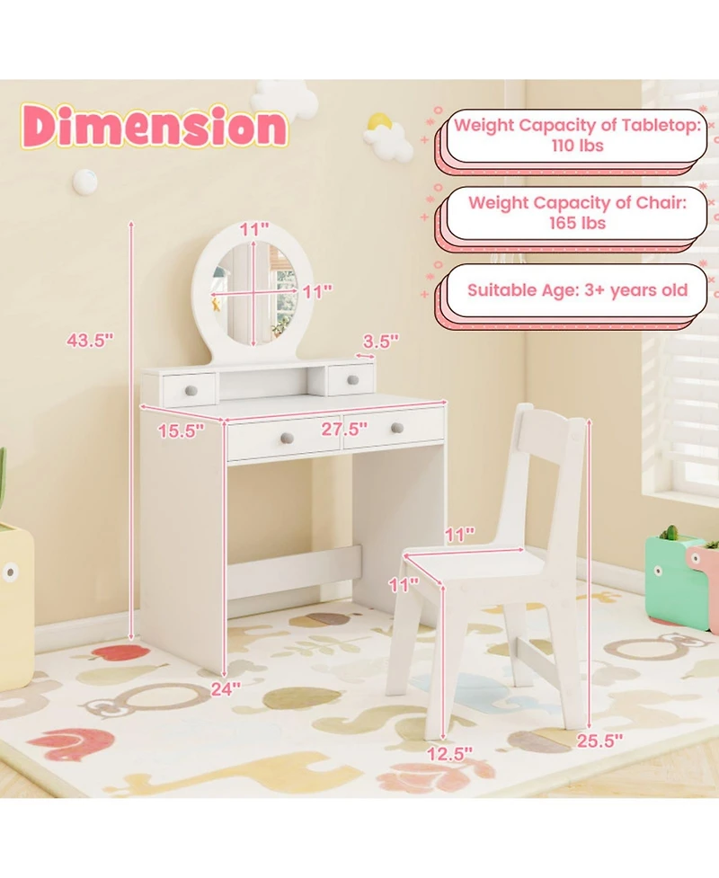 Sugift Kids Princess Vanity Desk and Chair Set with Mirror and Storage Drawers
