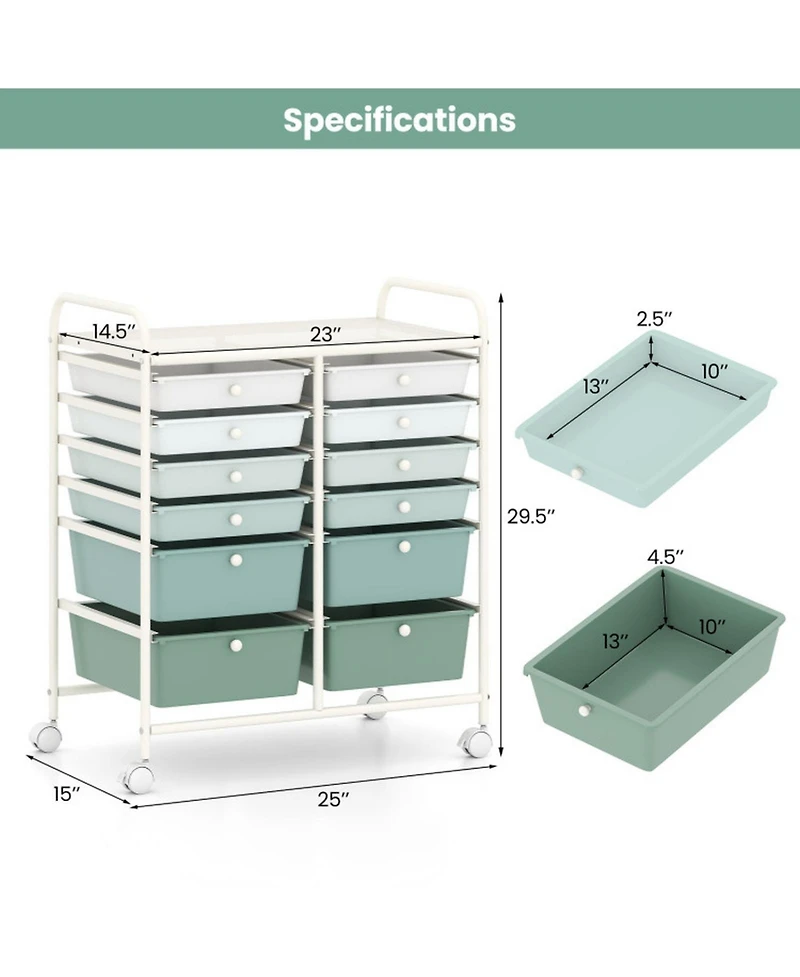 Sugift 12-Drawer Rolling Storage Cart with Removable Drawers and Lockable Wheels