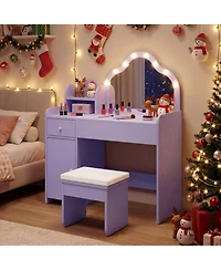 Sugift Kids Vanity Desk and Stool Set with Cloud-Shaped Lighted Mirror and Side Cabinet