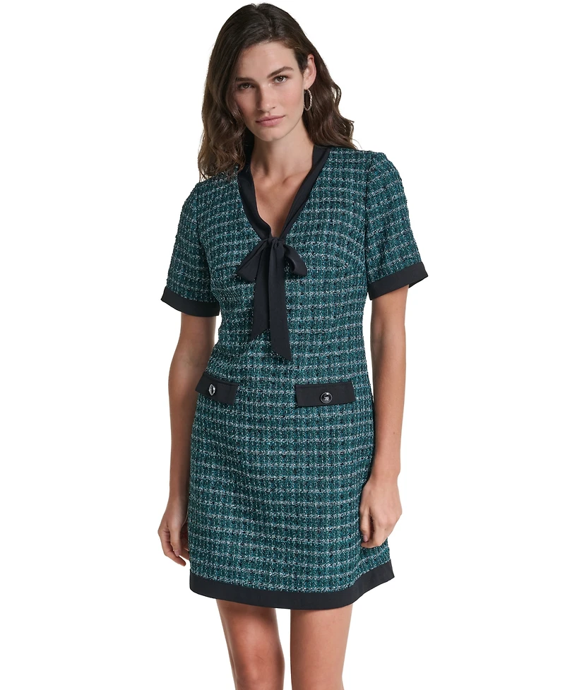 Karl Lagerfeld Paris Women's Tweed A-Line With Neck Tie Plaid Short-Sleeve Dress