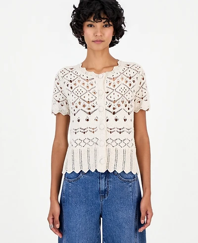 And Now This Petite Pointelle Short-Sleeve Scalloped-Trim Cardigan, Macy's Exclusive