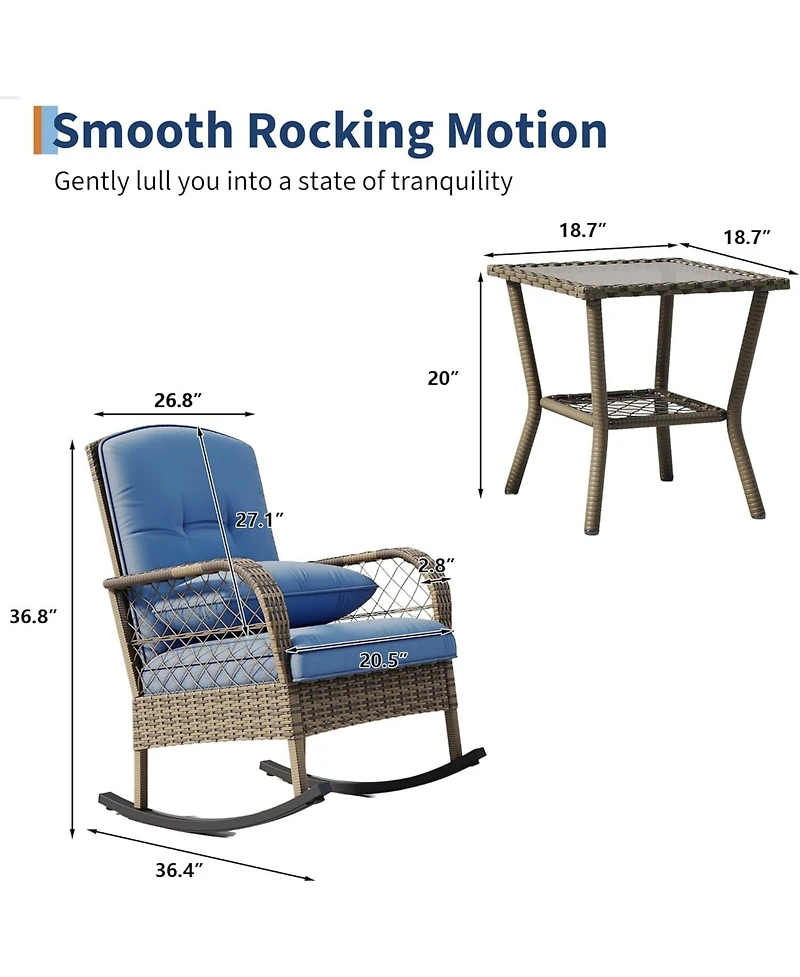 gaomon 3-Piece Wicker Rocking Chair Set with Side Table- All-Weather Rattan Rocker Chairs with Thick Cushions and Steel Frame