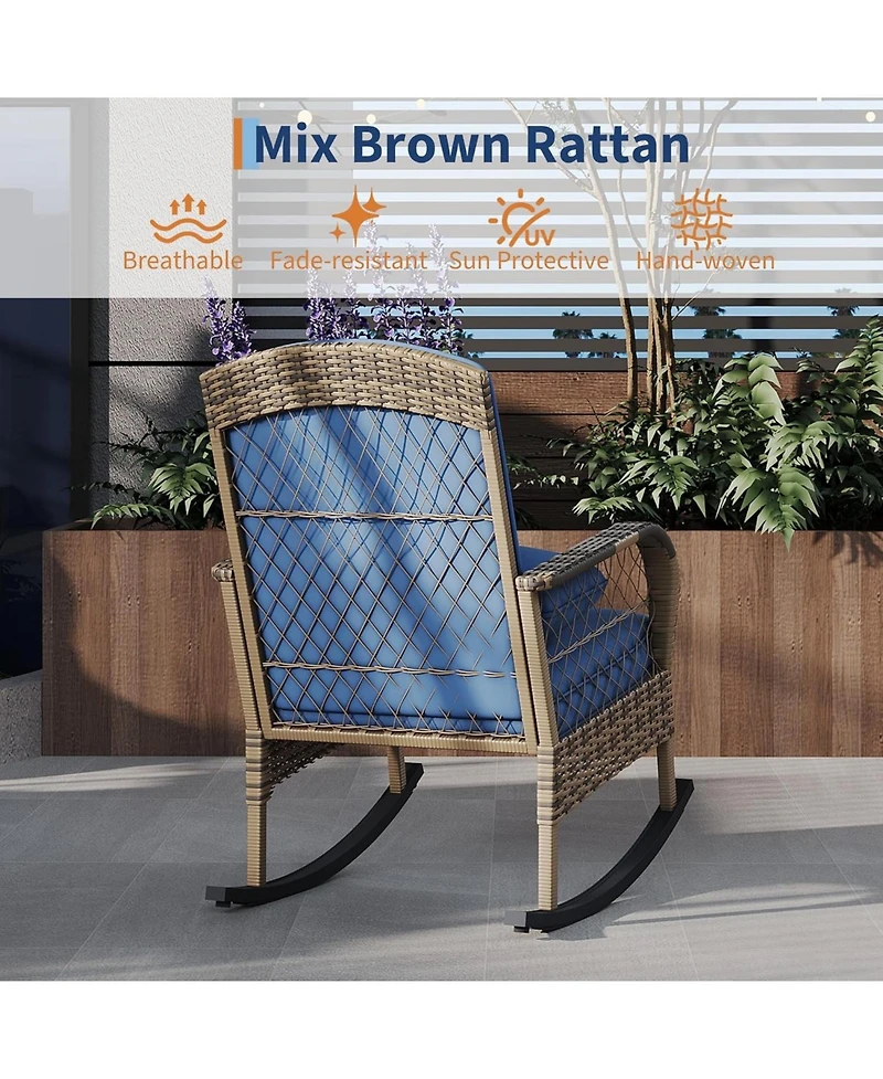 gaomon 3-Piece Wicker Rocking Chair Set with Side Table- All-Weather Rattan Rocker Chairs with Thick Cushions and Steel Frame