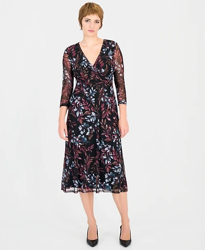 Connected Women's Floral Mesh-Overlay Midi Wrap Dress