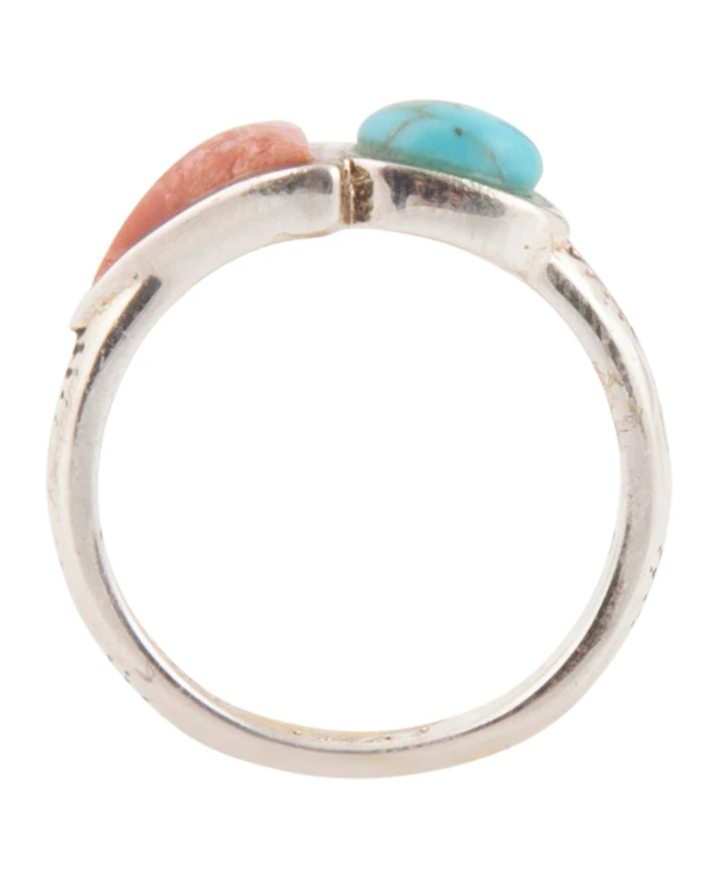 Barse Blue Turquoise and Orange Coral Duo Silver Ring