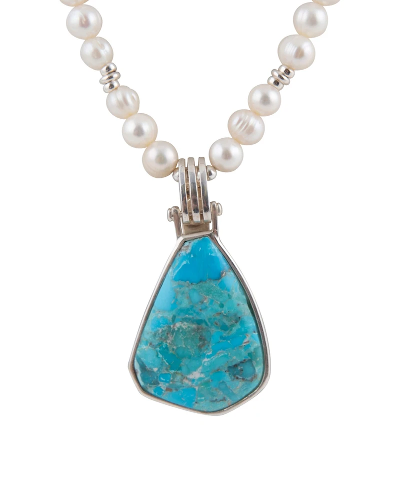Barse Blue Turquoise Pendant and White Pearl Silver Necklace