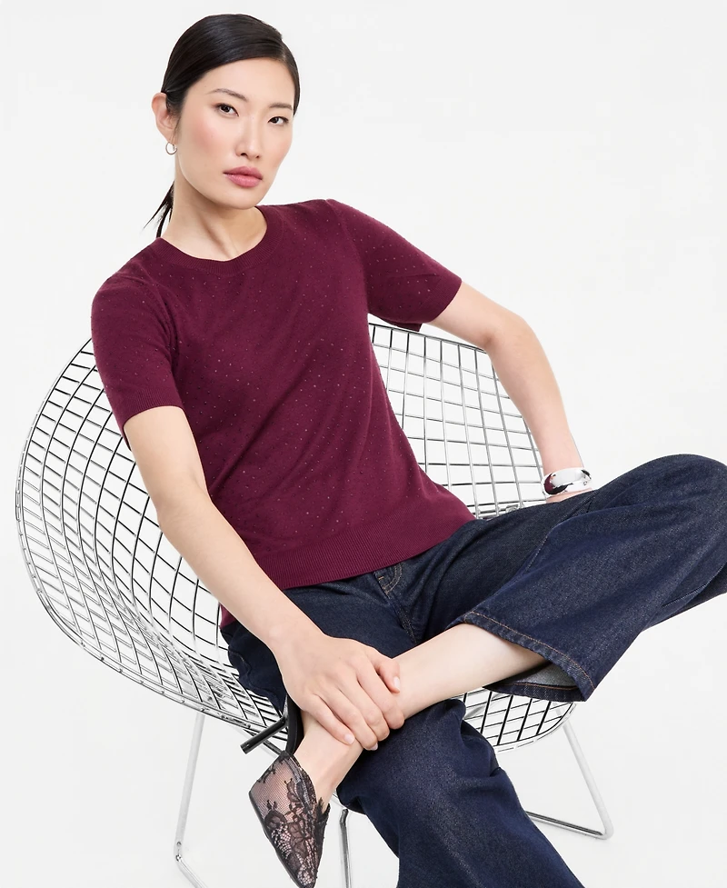 I.n.c. International Concepts Women's Crystal Embellished Short-Sleeve Crewneck Sweater, Macy's Exclusive
