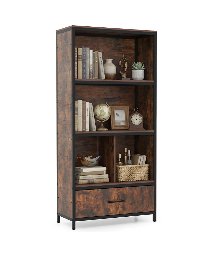 Costway 5-Tier Industrial Freestanding Bookcase with 4 Storage Compartments and Fabric Drawer