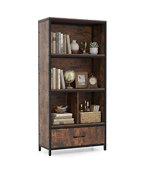 Costway 5-Tier Industrial Freestanding Bookcase with 4 Storage Compartments and Fabric Drawer