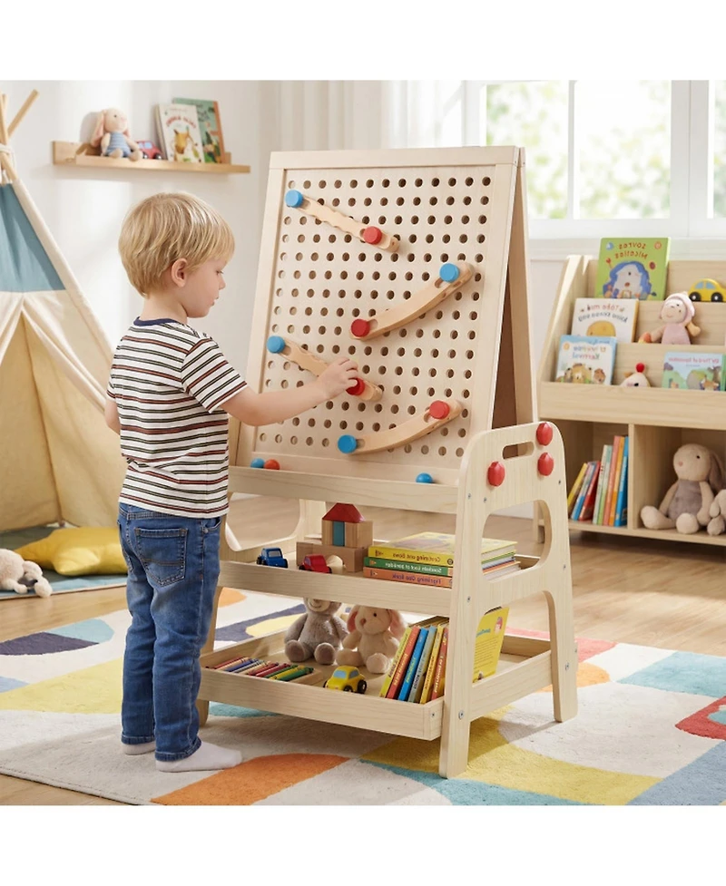 Hongge 2-in-1 Magnetic Art Easel and Marble Run Building Set, Ages 3+