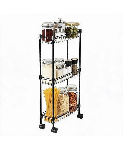 homfan Slim Rolling Storage Cart with Wheels, 3-Tier Metal Utility Cart with Adjustable Shelving Basket, Narrow Corner Organizer for Kitchen Bathroom