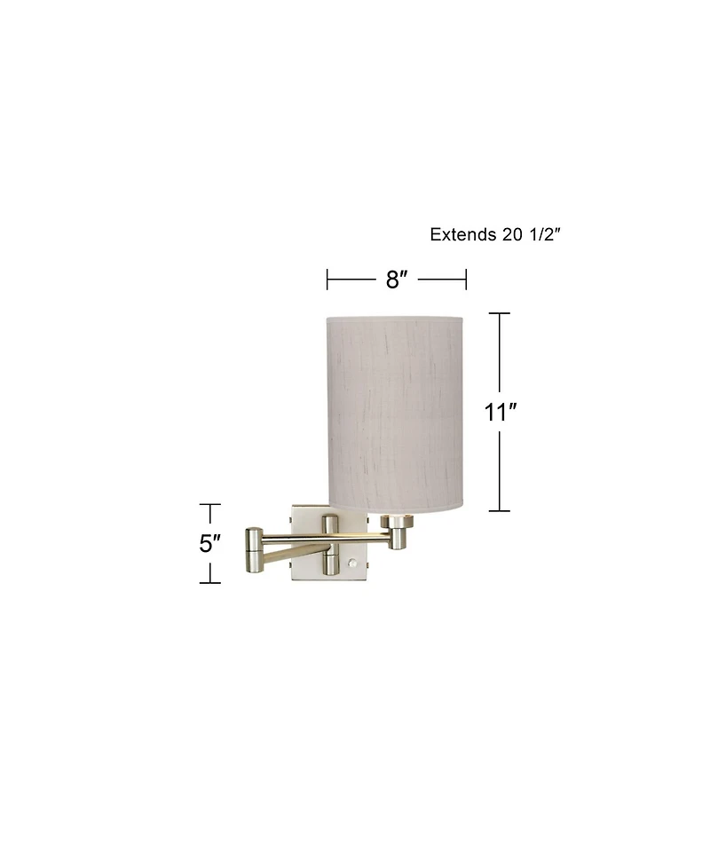 Possini Euro Design Modern Swing Arm Wall Lamp Cord Cover Brushed Nickel Plug-In Light Fixture Linen Cylinder Shade Bedroom