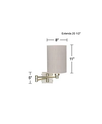 Possini Euro Design Modern Swing Arm Wall Lamp Cord Cover Brushed Nickel Plug-In Light Fixture Linen Cylinder Shade Bedroom