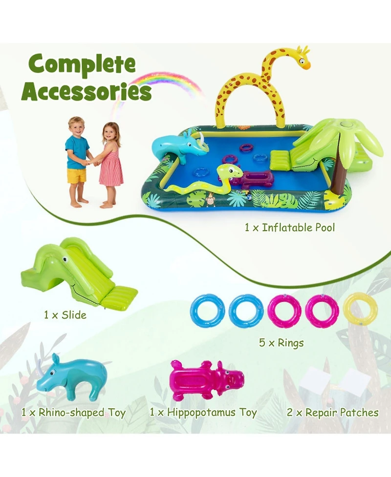 Hongge Jungle Animal Inflatable Spray Pool Play Center with Slide and Sprinkler Ages 2-6