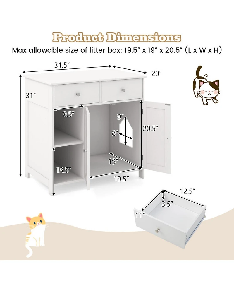 Sugift Hidden Cat Washroom Side Cabinet Wooden Pet House with 2 Drawers 31.5in x 20in x 31in
