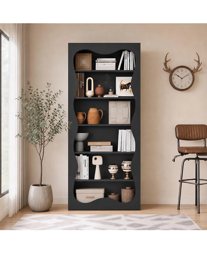 homfan 6-Tier Tall Wood Bookshelf with Scalloped Wavy Edges, Freestanding Display Shelf for Living Room