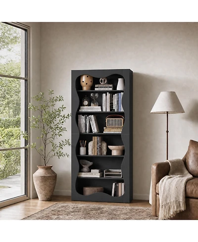 homfan 6-Tier Tall Wood Bookshelf with Scalloped Wavy Edges, Freestanding Display Shelf for Living Room