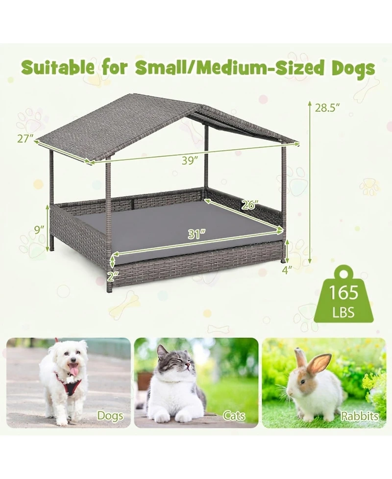 Sugift Elevated Wicker Dog House Pe Rattan Dog Bed With Canopy