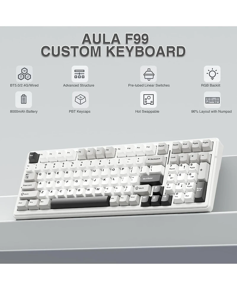 Aula F99 Tri-Mode Bluetooth Usb-c Hot-Swappable Wireless Mechanical Keyboard