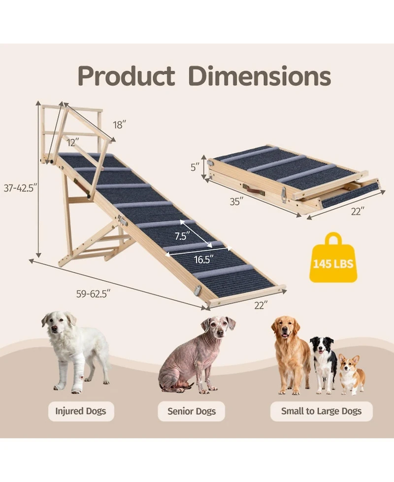 Sugift 6-Level Height Adjustable Foldable Pet Ramp for High Bed Couch 24.5-30 in