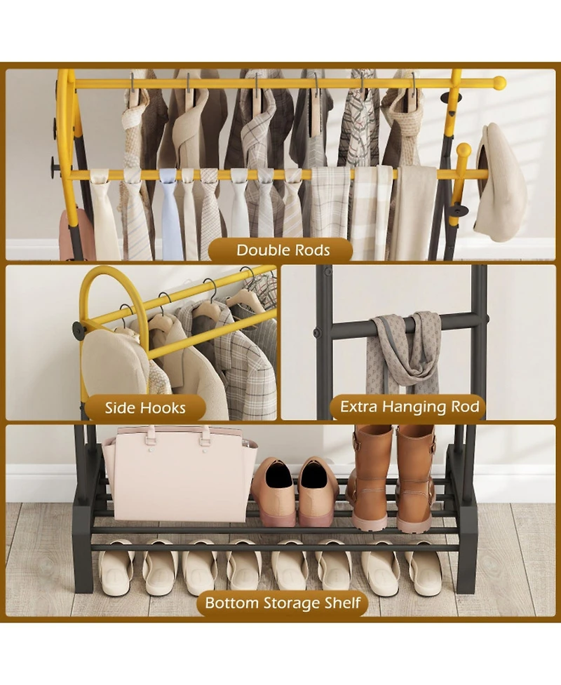 Hongge Freestanding Double Rod Garment Rack with Bottom Shoe Shelf
