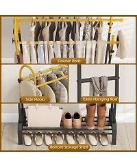 Hongge Freestanding Double Rod Garment Rack with Bottom Shoe Shelf