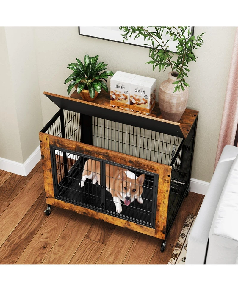 Hongge 38 in Mobile Industrial Dog Kennel with Flip-Up Tabletop